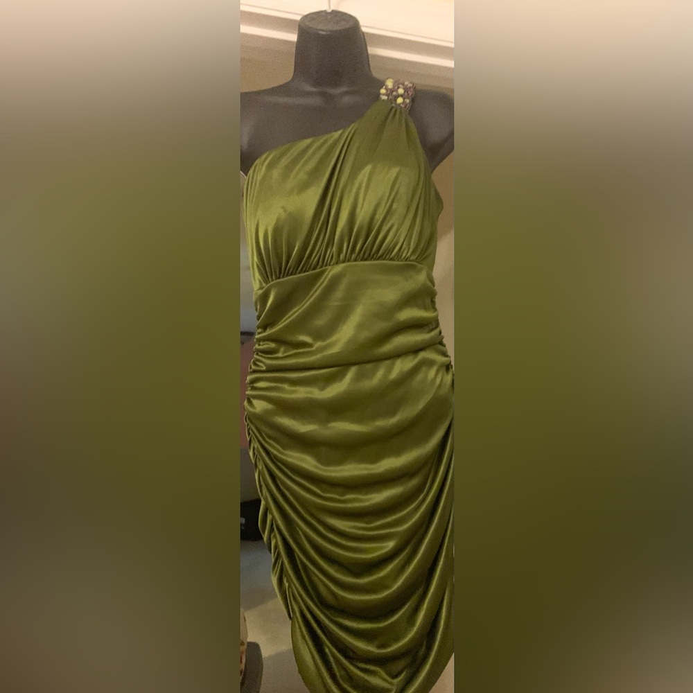 Pickle green dress. One off the shoulder.